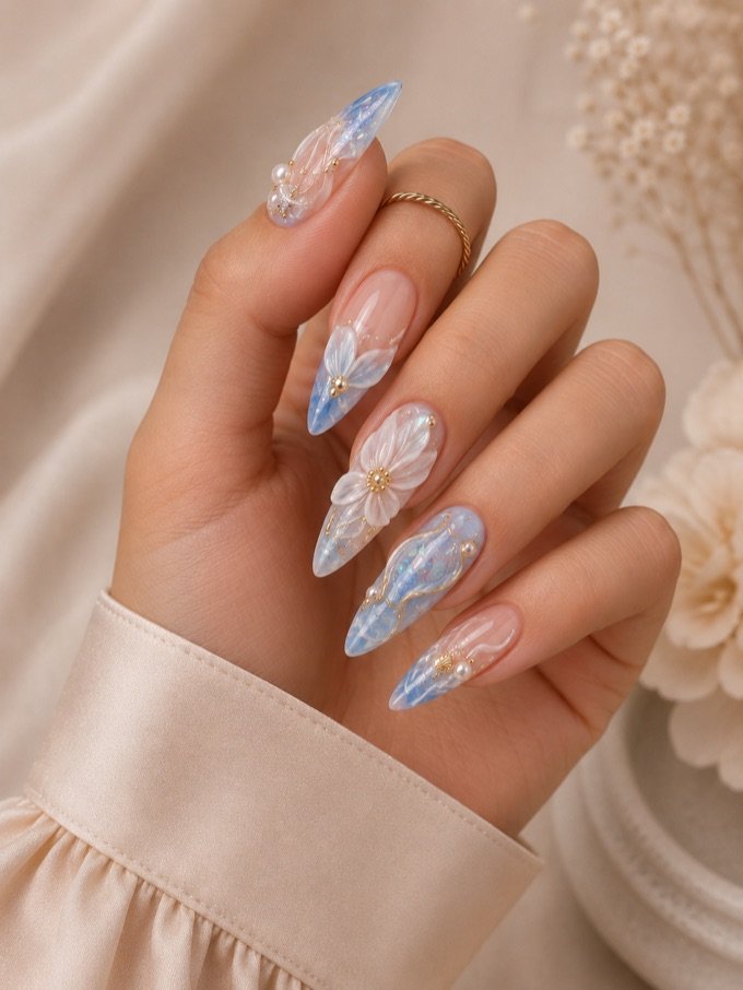 Blue marble almond nails with 3D white flowers and pearls
