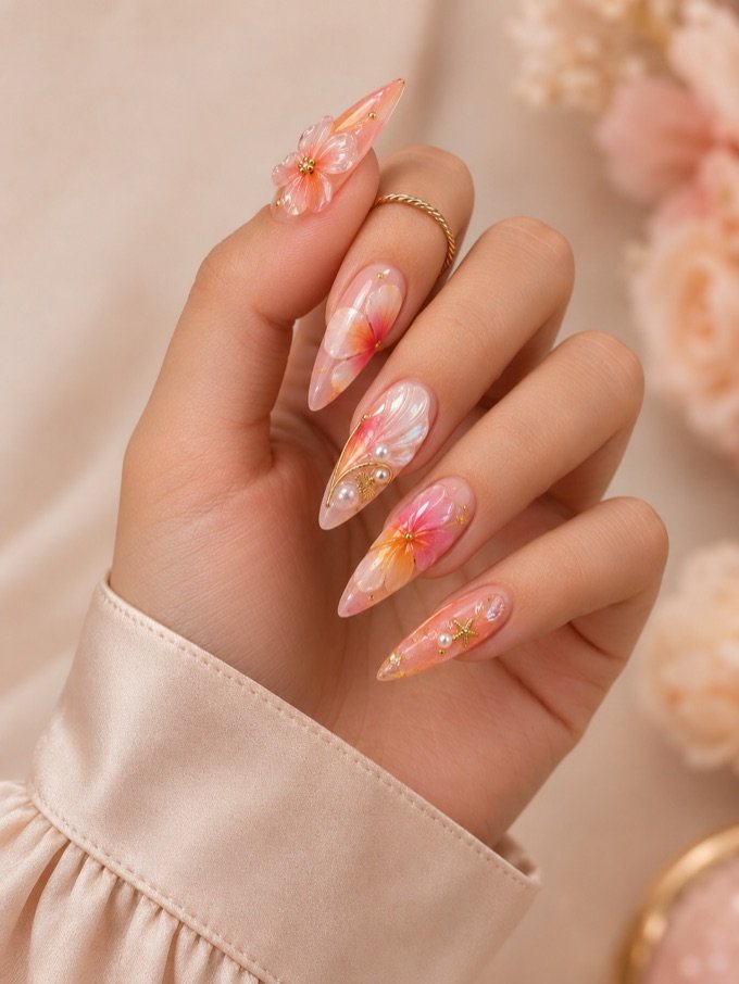 Peach and pink floral almond nails with 3D flowers and gold accents